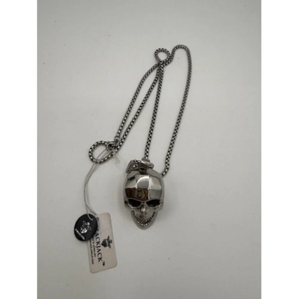 Blackjack Skull Pendant Necklace Mens OS Silver NEW Stainless Steel BJP153W